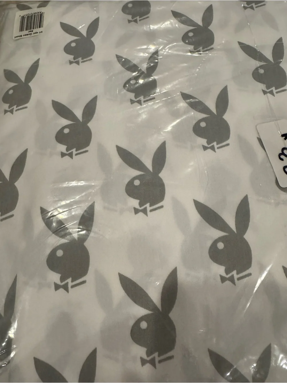 PLAYBOY White Sheet Set with Gray Bunny Print. Comes with a throw blanket. Queen